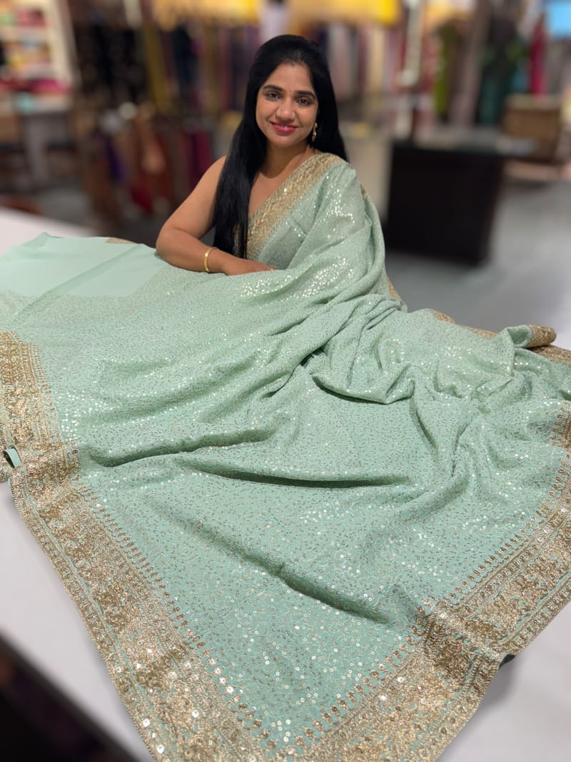 Mint Georgette Sequence saree with sabhyasachi borders and printed blouse SS50513