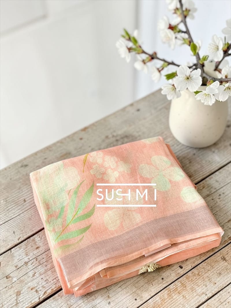 Peach Floral printed pure lenin saree
