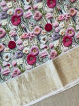 Ivory Pure Handloom Chiniya Silk Saree with stunning Floral Print and zari borders SS5097