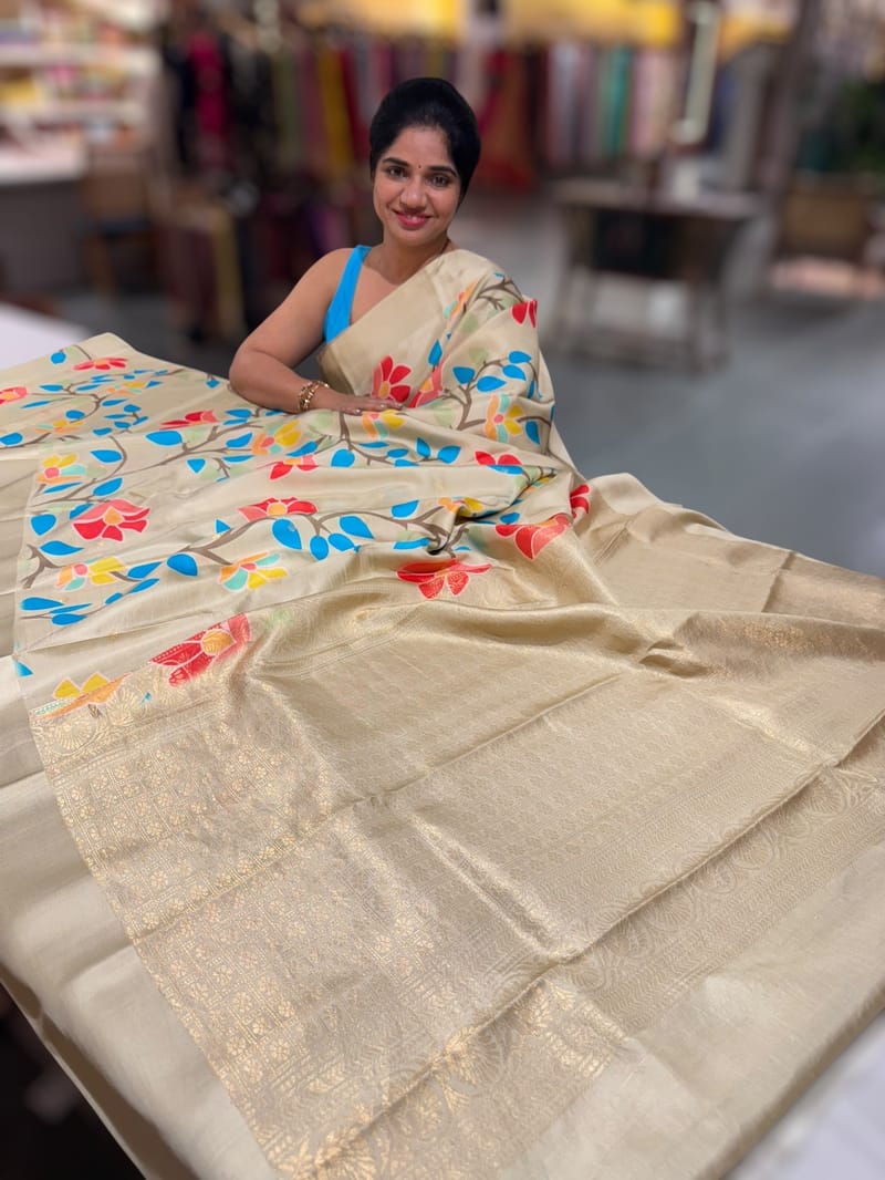 Light Pista Kanchi Soft Silk Saree with ajamdani inspired print SS50502