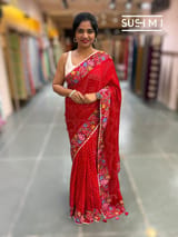 Bright Red Pure Gajji Silk Rai bandhej Saree with petite point embroidery