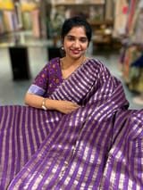 Brinjal Handloom Mul Tissue Stripes Saree with fusion blouse SS50410