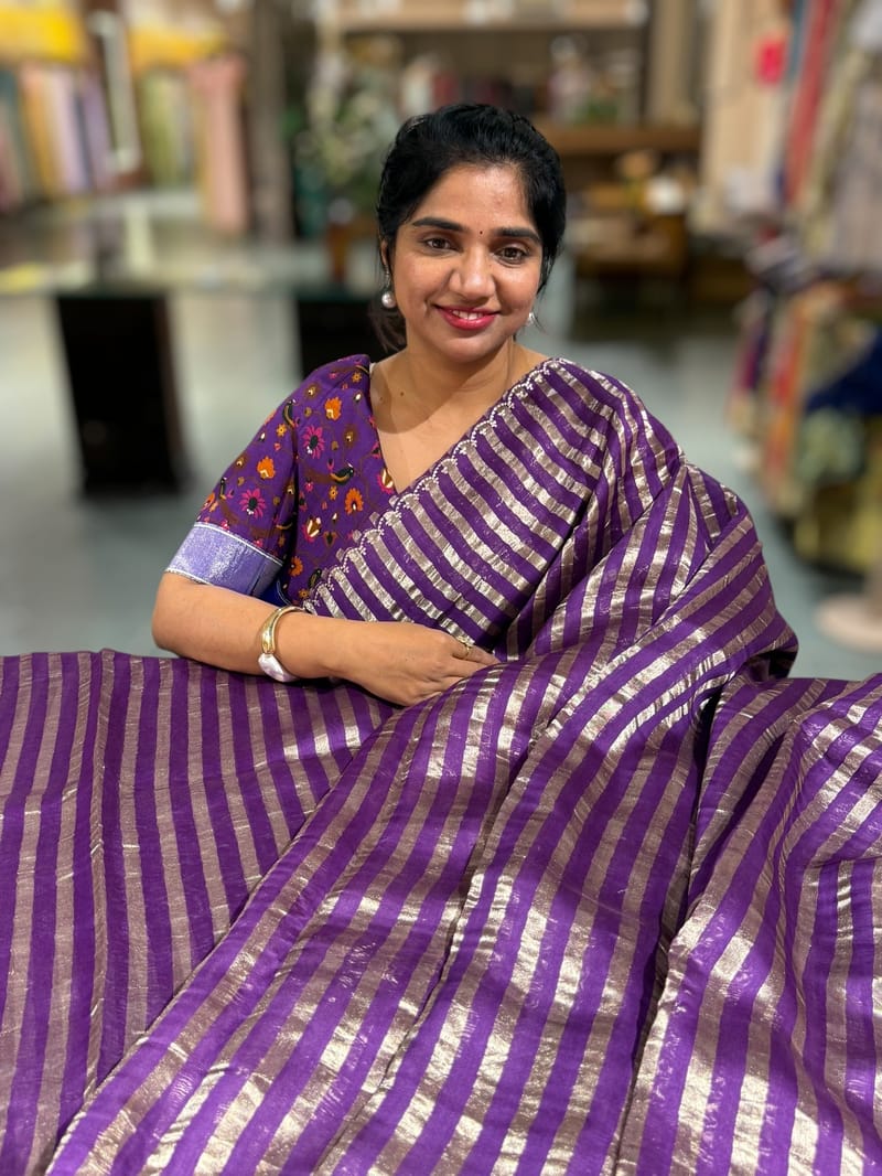 Brinjal Handloom Mul Tissue Stripes Saree with fusion blouse SS50410