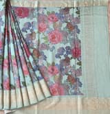 Mint Pure Handloom Chiniya Silk Saree with stunning Floral Print and zari borders SS50102