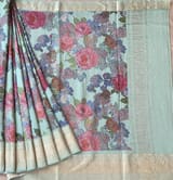 Mint Pure Handloom Chiniya Silk Saree with stunning Floral Print and zari borders SS50102