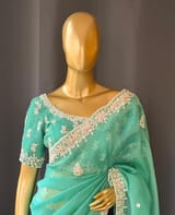 Sea Green Pure Organza Handwork saree DSCL040