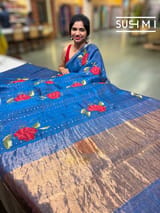 Light Indigo Blue muslin tissue stripes saree with hibuscus emb