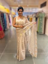 Silverish Tone Pure Organza Saree With Embroidered Motifs & Tussar Printed Blouse SS50300