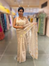 Silverish Tone Pure Organza Saree With Embroidered Motifs & Tussar Printed Blouse SS50300