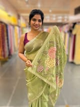 Light Olive Green Tissue Georgette Saree with petite point emb SS50112