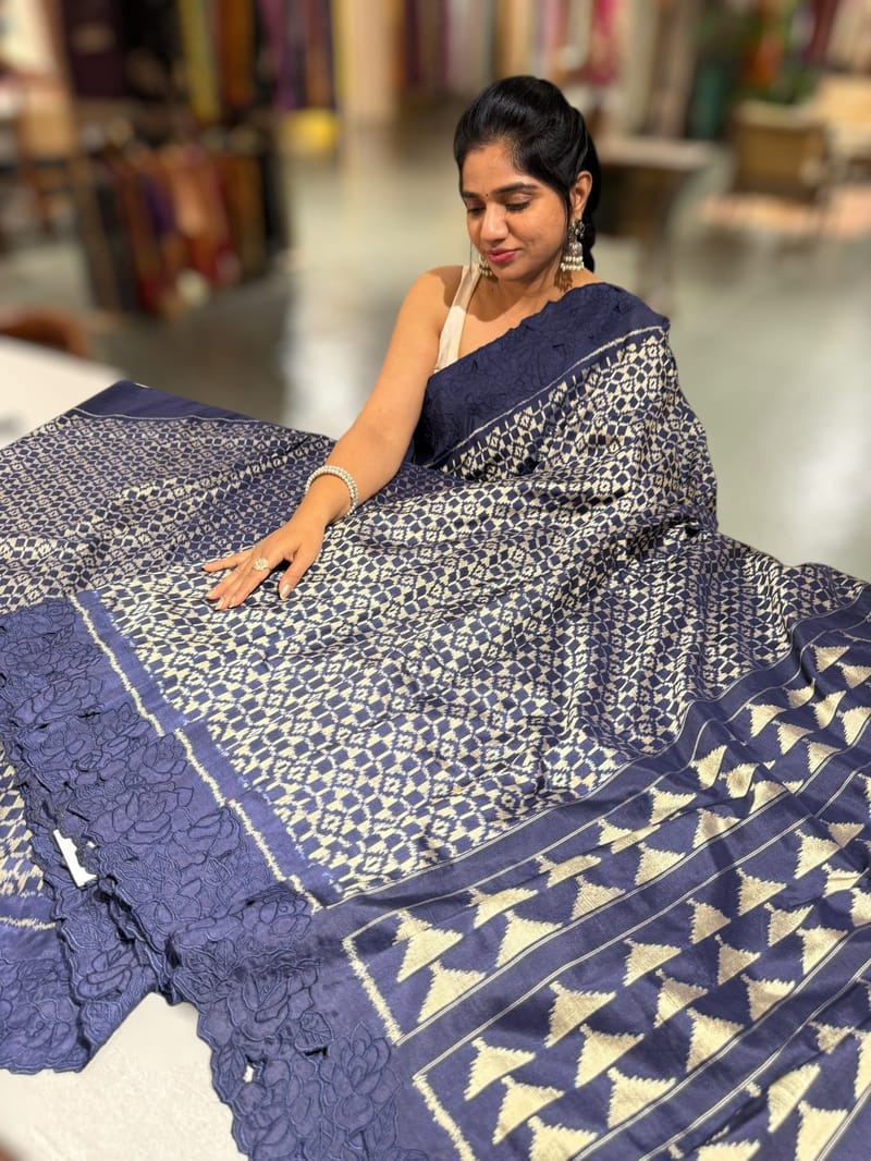 Midnight Blue Cambodian–inspired Ikkat Silk Saree with cutwork Rose Border SS50346