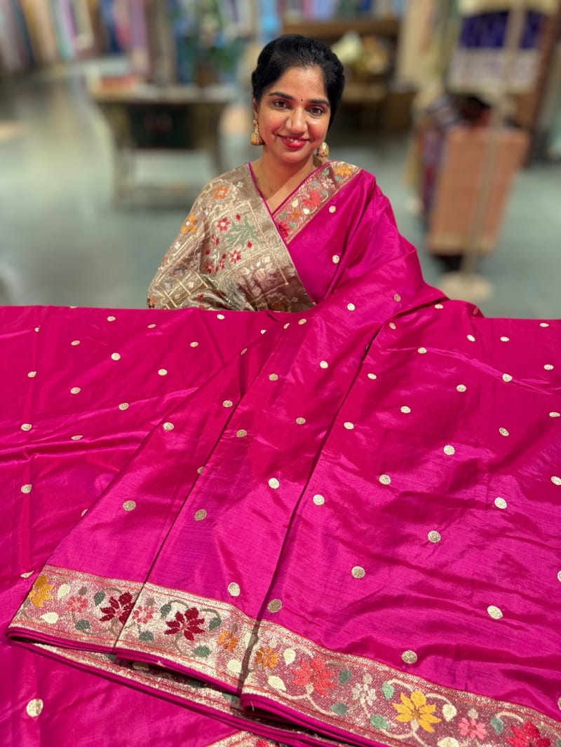 Rani Pink Kanchi soft silk saree with pythani and jamdani inspired embroidery SS50134