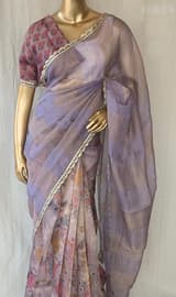 Mauve tissue saree in half and half style with floral and birds