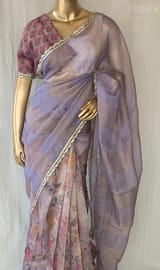 Mauve tissue saree in half and half style with floral and birds