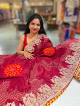 Burgundy Designer Rai Bandhej Saree With Embroidered Border SS50486