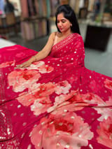Reddish Pink georgette sequence saree with statement floral print SS5048