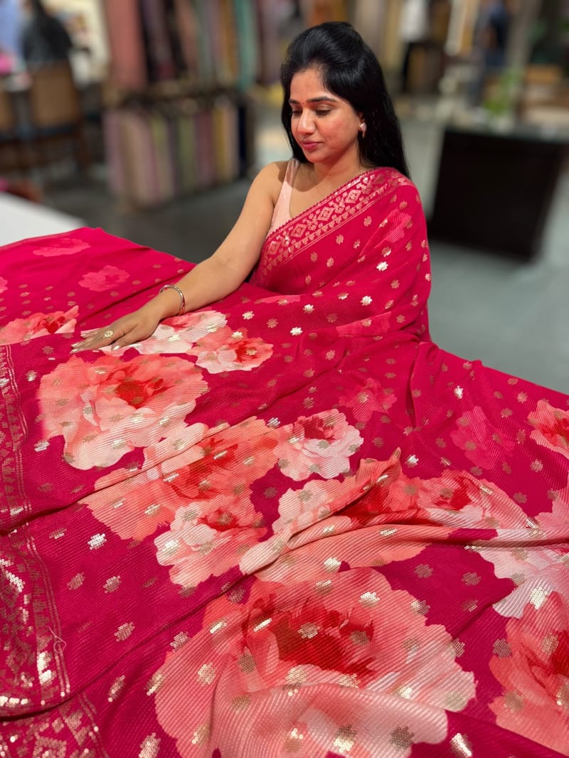 Reddish Pink georgette sequence saree with statement floral print SS5048