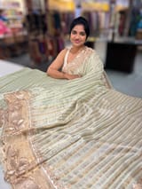 Mint Green Mul Tissue Stripes Saree With Tissue Cutwork  Border & Blouse