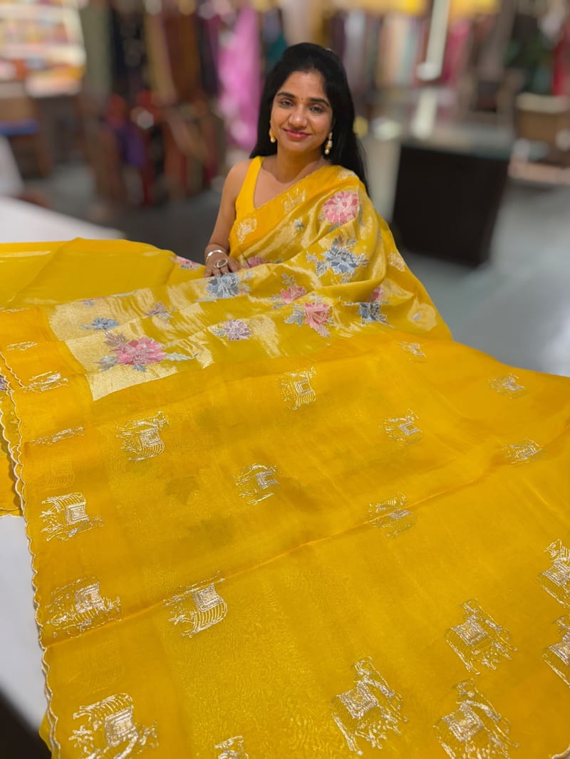 Yellow Premium Handloom Designer Tissue saree with exquisite embroidery SS50233