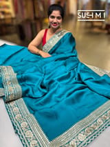 Peacock Blue Satin Saree with sabyasachi borders : D62F053