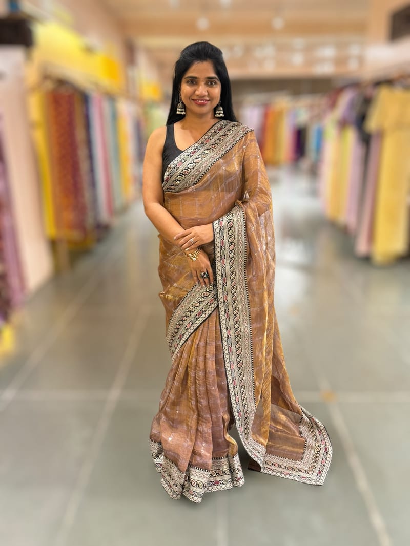 Mauve Tissue checks Saree with sabhyasachi borders