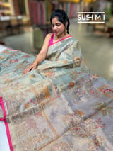 Dusty Blue Banarasi printed Tissue saree with handwork D62F055