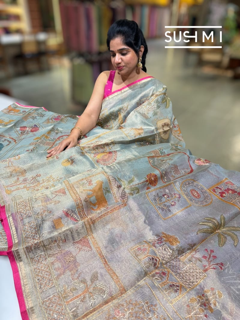Dusty Blue Banarasi printed Tissue saree with handwork D62F055