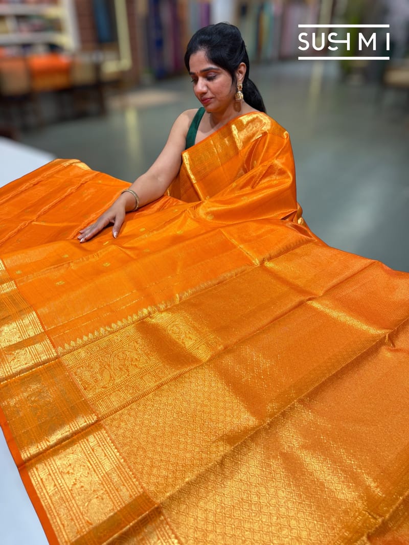 Fanta Orange Vaira Oosi stripes Vintage kanjeevaram Saree