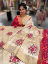 Ivory kanchi vintage checks soft silk saree with petite point embroidery SS50129