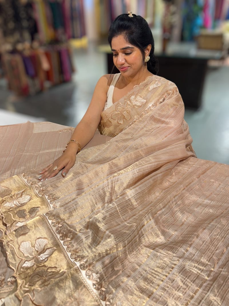 Beige Mul Tissue Stripes Saree With Tissue Cutwork  Border & Blouse