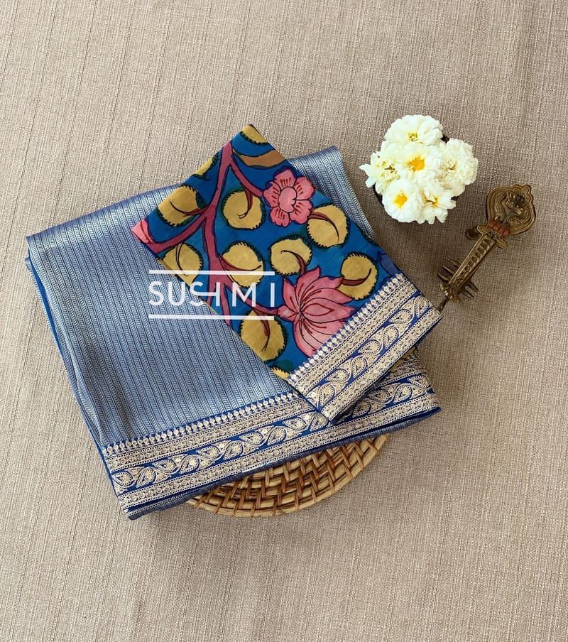 Royal Blue Banarasi tonchoi with pen kalamkari Blouse : D62F018