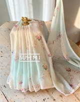 Ombre Dyed Floral Printed Pure Linen Saree
