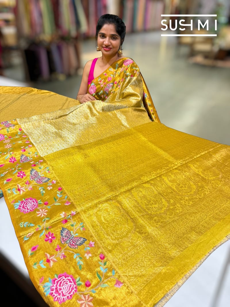 Gold Kanjeevaram Tissue Sareewith petite point embroidery : D62F085