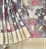 Ivory Pure Handloom Chiniya Silk Saree with stunning 3D Floral Print and zari borders SS50101