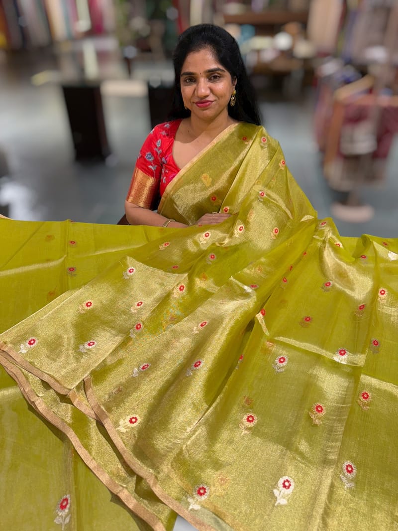 Apple Green Handloom Banarasi Tissue with meenakari sona rupa flower motifs