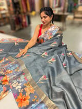 Elephant Grey Tussar Dhupion Saree with Floral printed mashru borders SS50463