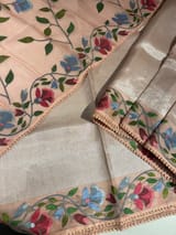 Peach pink kora tissue saree with pythani inspired embroidery