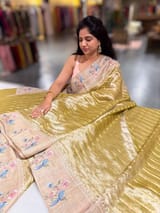 Lime Green Pure Handloom Tissue Saree with pure Tussar embroidered border SS50240