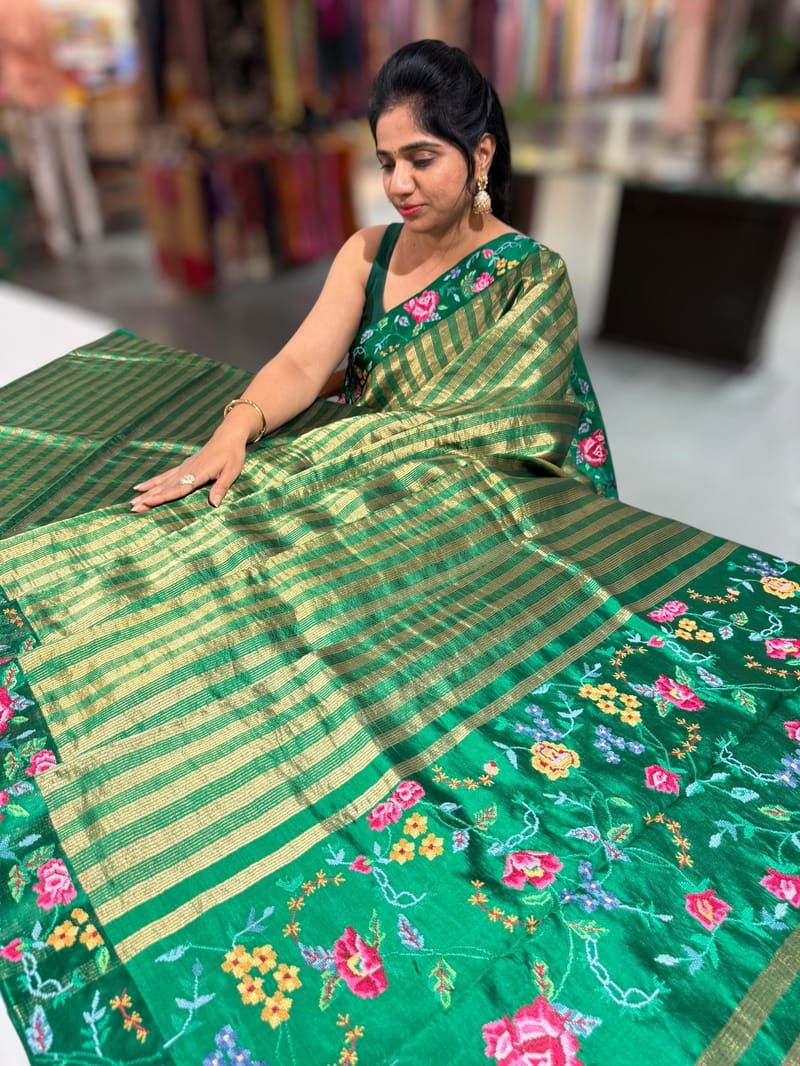 Emerald Green Banarasi Tissue stripes Saree with petite point embroidery SS50213