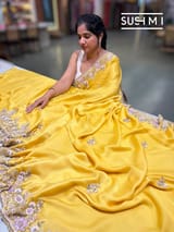 Yellow Pure Satin Georgette Saree