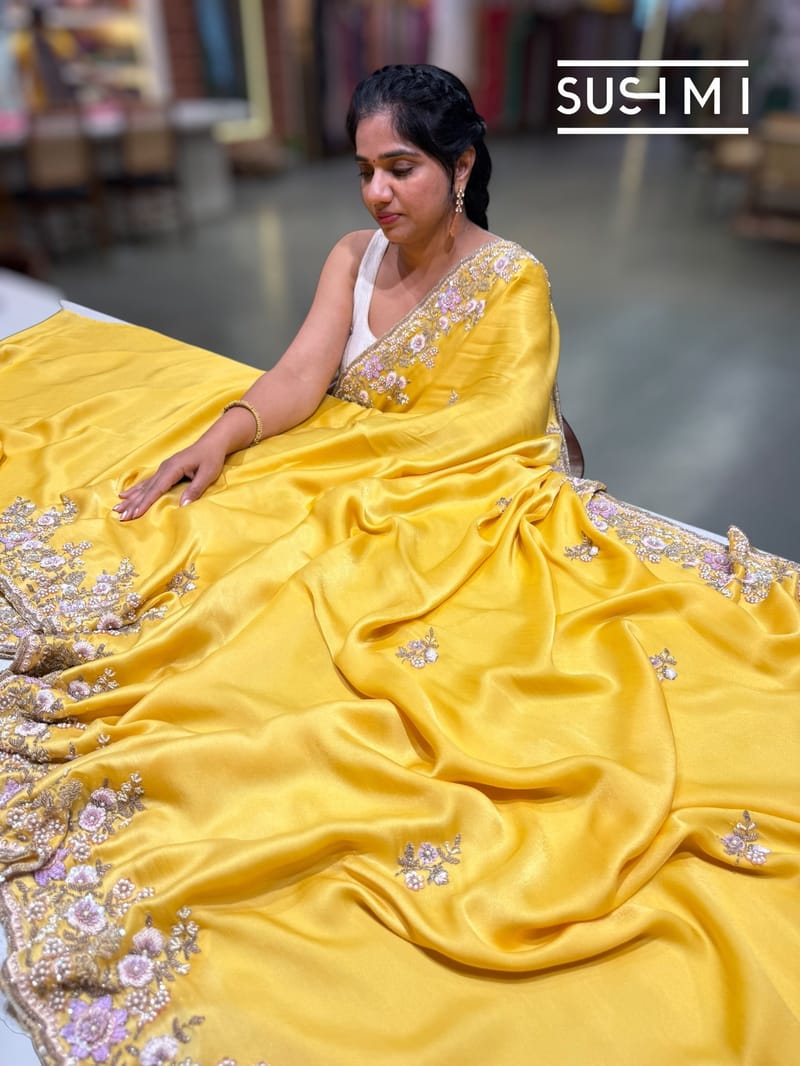 Yellow Pure Satin Georgette Saree