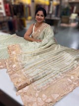 Mint Green Mul Tissue Stripes Saree With Tissue Cutwork  Border & Blouse