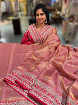 Dark Pink Tissue checks Saree with sabhyasachi borders
