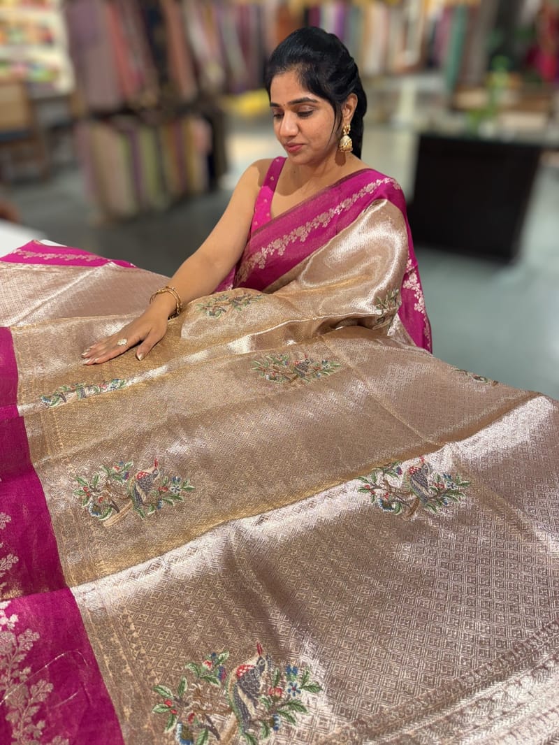 Dark Pink Banarasi Brocade Tissue with embroidery SS50224