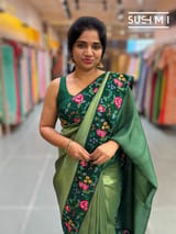Bottle green Banarasi Tissue with petite point embroidery: S62F185