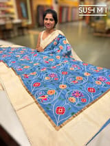 Cobalt Blue Pure tussar with patola inspired embroidery: S62F193