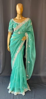 Sea Green Pure Organza Handwork saree DSCL040
