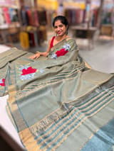 Sage Green Tussar Brocade Saree With Statement Red Rose Embroidery SS50469
