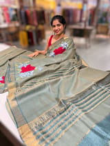 Sage Green Tussar Brocade Saree With Statement Red Rose Embroidery SS50469