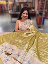 Lime Green Pure Handloom Tissue Saree with pure Tussar embroidered border SS50240